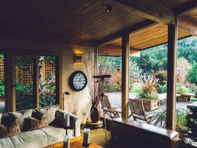 farmhouse living room outside view sofa and storage